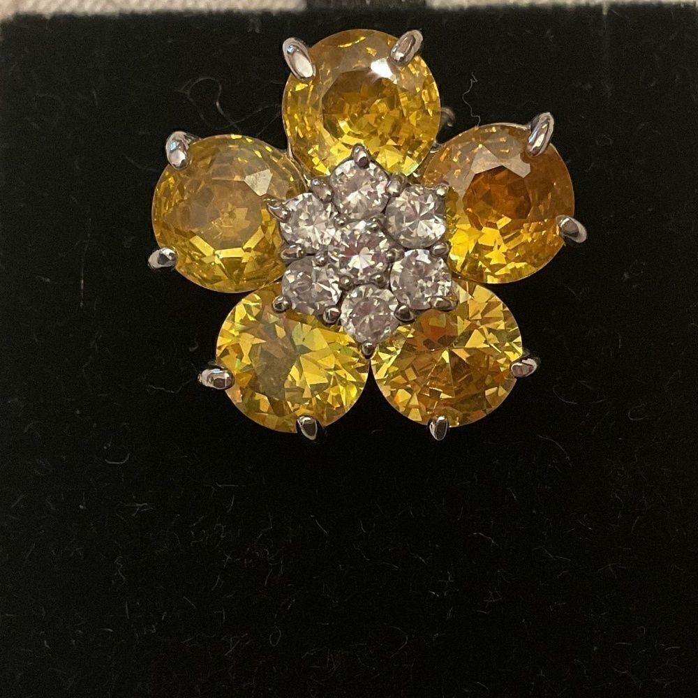 Sterling SILVER 925 YELLOW CRYSTALS FLOWER PENDANT/PIN​​